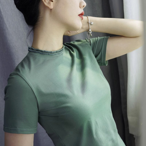 小半高领短袖T恤女夏天修身打底衫纯棉木耳花瓣绿色薄款上衣