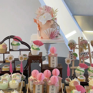 典雅粉色花朵新中式婚礼甜品台饰品蛋糕推推乐布丁杯装饰插件贴纸
