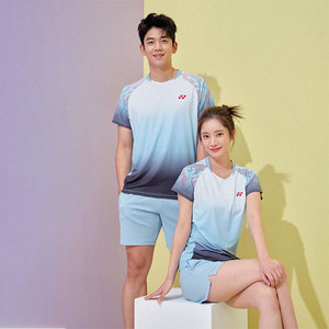 新款尤尼克斯羽毛球服速干t恤运动短袖男女套装蓝色乒乓球网球服