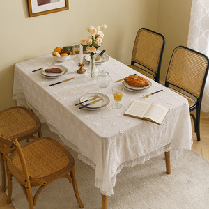 法式轻奢白色蕾丝桌布ins风立体绣花布花园圆桌长方形餐桌茶几布