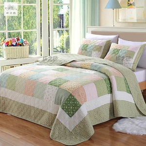 纤之色韩式田园衍缝被单件床盖三件套空调被子母夏纯棉绿色四件套