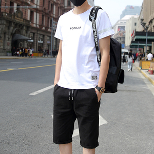 夏季男士短袖T恤韩版休闲套装夏天运动两件套一套衣服7分短裤男装