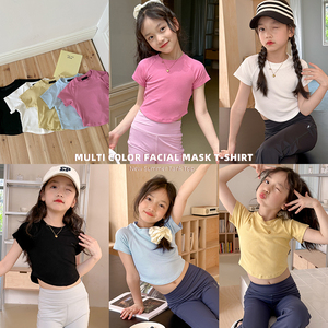 韩国夏装女童黑白粉色短袖瑜伽T恤儿童速干紧身修身健身运动上衣