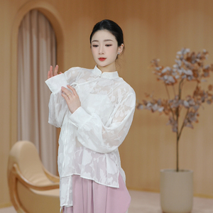 舞蹈服女现代长袖上衣中国古典练功中式跳舞日常新款宽松白色衬衫