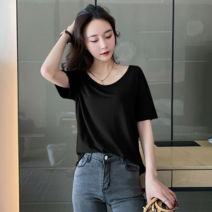 黑色莫代尔t恤女短袖夏季设计感小众冰丝体桖宽松韩版上衣小个子
