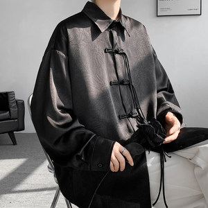 黑色衬衣男款新中式盘扣设计高级感上衣顺滑提花中性立领衬衫外套