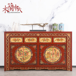 新中式彩绘餐边柜复古做旧手绘人物红漆玄关门厅入户装饰柜古典柜