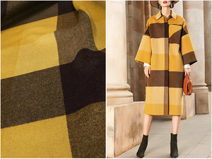 黄色大格子双面羊绒面料秋冬热卖高端进口澳毛顺毛呢大衣外套布料