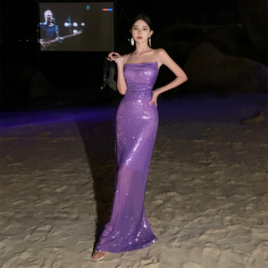 2024海岛显瘦气质紫色珠片闪亮性感包臀连衣裙度假晚宴礼服