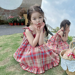 2023韩国小童夏季新款百搭格子吊带连衣裙女.童姐妹装洋气公主裙