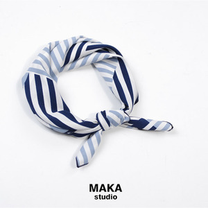 MAKA定制 春日里的一抹蓝韩国清爽蓝色方块条纹复古小方巾发带女