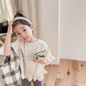 Milo7c-自制 韩国儿童夏季新品女童装水洗棉泡泡袖短袖衬衫衬衣