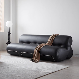 北欧简约现代设计师包豪斯风中古沙发意大利黑色轻奢三人皮艺沙发