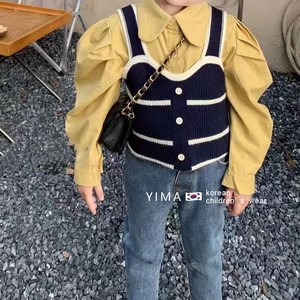 韩系童装2023秋装女童针织马甲吊带背心儿童黄色衬衫时髦洋气上衣