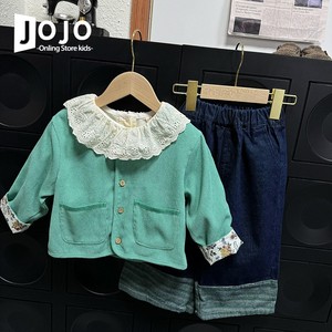韩版童装女童2024春装洋气绿色外套宝宝时髦百搭纯棉荷叶领上衣