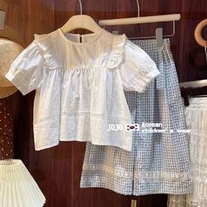 2024夏装新款女童白色衬衫儿童网红洋气荷叶边短袖上衣宝宝娃娃衫