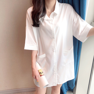 白色性感雪纺睡衣风衬衫女夏新款韩版短袖宽松打底衫超仙洋气小衫