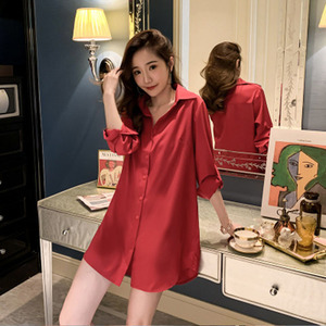 衬衫女长袖大码中长款超火的上衣衬衣韩版夜店性感新款红色衬衫裙