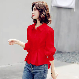 衬衫女前短后长上衣日系少女士减龄洋气红色小衫褂收腰遮肚雪纺衫