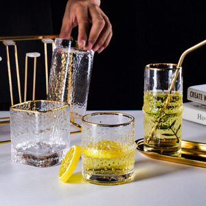 日式锤纹金边玻璃水杯 方形玻璃水晶杯 出口圆形雨点水杯果汁杯子