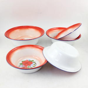 搪瓷碗怀旧搪瓷饭盆老式盆子汤碗汤盆白色蓝边铁盆红边汤盆花深型