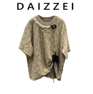 DAIZZEI~2023夏季新款高级手工钉珠蝴蝶结宽松短袖圆领T恤女上衣