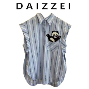 DAIZZEI~条纹衬衫女2022夏新款时尚熊猫刺绣宽松无袖POLO领上衣潮