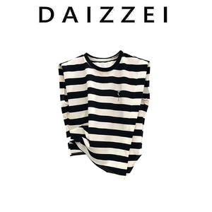 DAIZZEI~2024夏新款设计感不规则撞色条纹宽松无袖背心T桖上衣潮