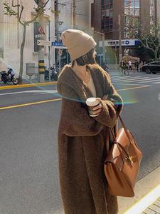 韩国美拉德穿搭连帽线衣棕色针织开衫女秋冬中长款慵懒风毛衣外套
