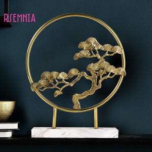 Rsemnia新中式屏风摆件纯铜轻奢迎客松电视柜客厅玄关软装饰品