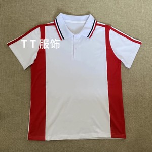 夏季中高小学生校服纯棉短袖T恤红色拼白色袖子白红杠可来图定制