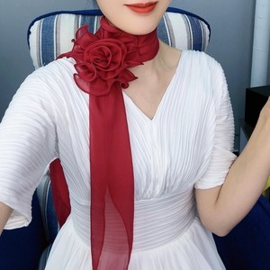 2024夏季新款纯色玫瑰花小丝巾两件套女洋气护颈围巾减龄薄款围脖
