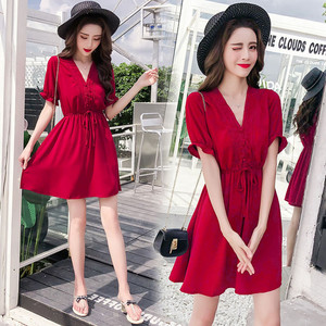 2024流行夏天小个子短裙子很仙的法国小众桔梗裙仙女裙红色连衣裙