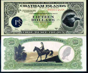 全新1999年 查塔姆群岛 15 元 千禧年纪念塑料钞 首版白金标签