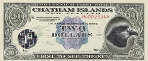 全新1999年首版 查塔姆群岛 2 元 千禧年纪念塑料钞 稀少白金标签