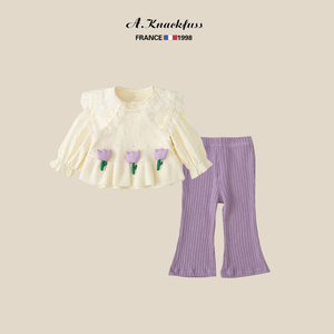 洋气女童针织背心套装~法国A.Knackfuss春季儿童衬衫毛裤三件套潮