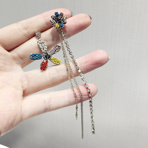 韩国风新款甜美网红气质手工金属编织不对称花朵流苏耳环耳坠饰品
