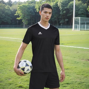 阿迪达斯官网短袖T恤男V领2023新款速干透气跑步运动足球训练上衣
