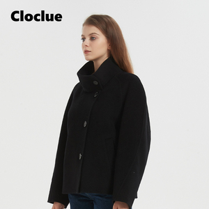 CLOCLUE   原创设计师黑色羊毛立领双面昵短款大衣加厚外套上衣女