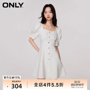 绫致ONLY夏季满印方领泡泡袖短款牛仔连衣裙女