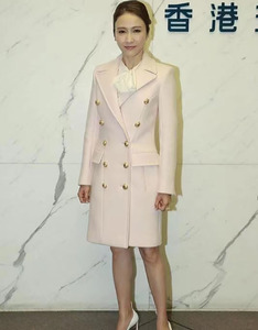 香港美女黎姿同款粉色毛呢西装外套2022秋冬明星修身端庄中长大衣