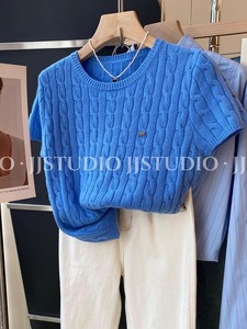 韩国东大门洋气减龄圆领蓝色麻花短袖针织衫上衣女春夏季套头毛衣