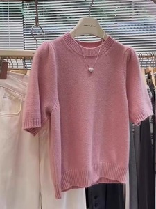 广州十三行女装爆款韩版减龄泡泡袖圆领粉色针织毛衣夏季t恤上衣
