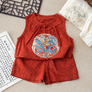 男童短裤套装夏季汉服宝宝中式国风红色女童短袖男生周岁礼服衣服