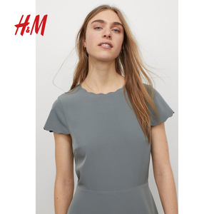 HM 女装裙子女衣服2021年春季新款灰绿色波浪边连衣裙 0