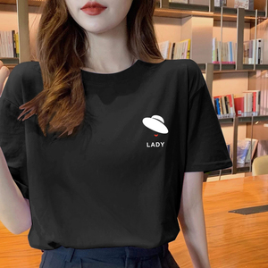 黑色纯棉半袖短袖t恤女2023年夏季新款宽松韩版大码学生上衣女装