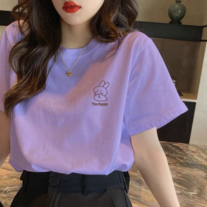 欧货纯棉香芋紫短袖t恤女2024年夏季新款上衣宽松显白小衫显瘦潮