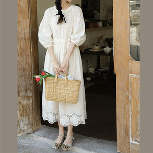 法式复古初恋温柔仙女长裙小众设计气质白色泡泡袖连衣裙子女夏季