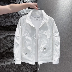 潮牌夹克男士春秋季美式高街修身立领白色外套纯色简约时尚冲锋衣