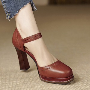 复古红棕色包头凉鞋女2024年新款单鞋一字带玛丽珍鞋真皮高跟鞋